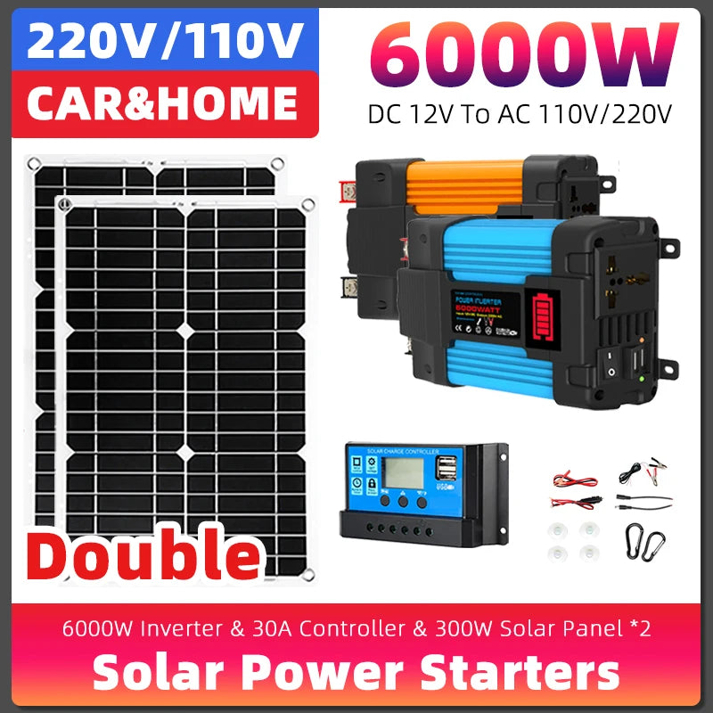 Solar Panel 2*300W Portable Outdoor Power Storage Solar System Kit Inverter 6000W 30A Controller 110v para casa  energia solar