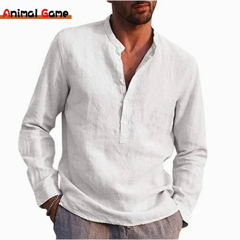 New Men's Linen Long Sleeve T-Shirt Solid Color Loose Spring T-Shirt Long Sleeve Cotton Linen Shirt Plus Size Shirts Men