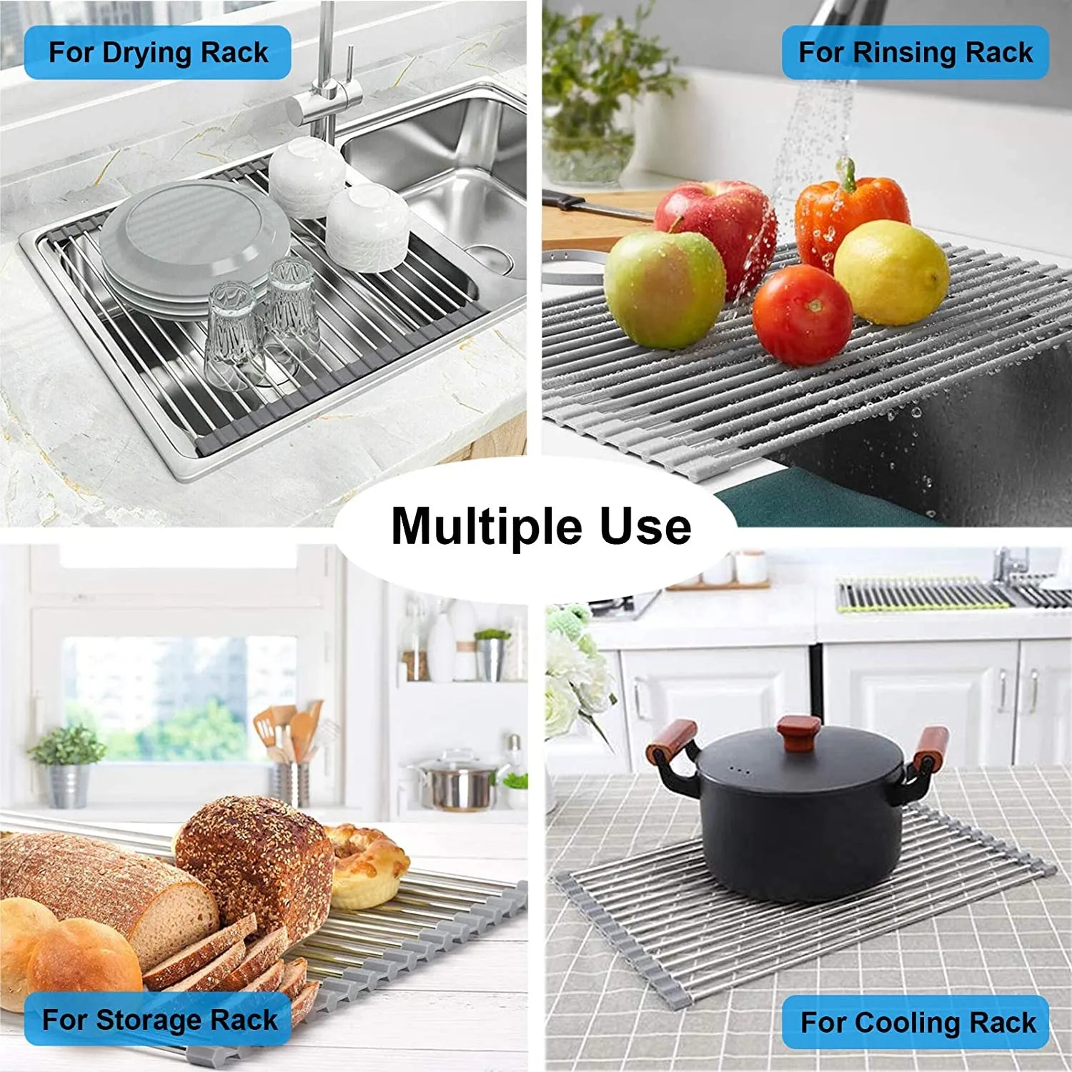 Foldable Stainless Steel Dish Drainer Roll Up Dish Drying Rack Shelf Kitchen Over The Sink Holder Bowl Tableware Plate Storage