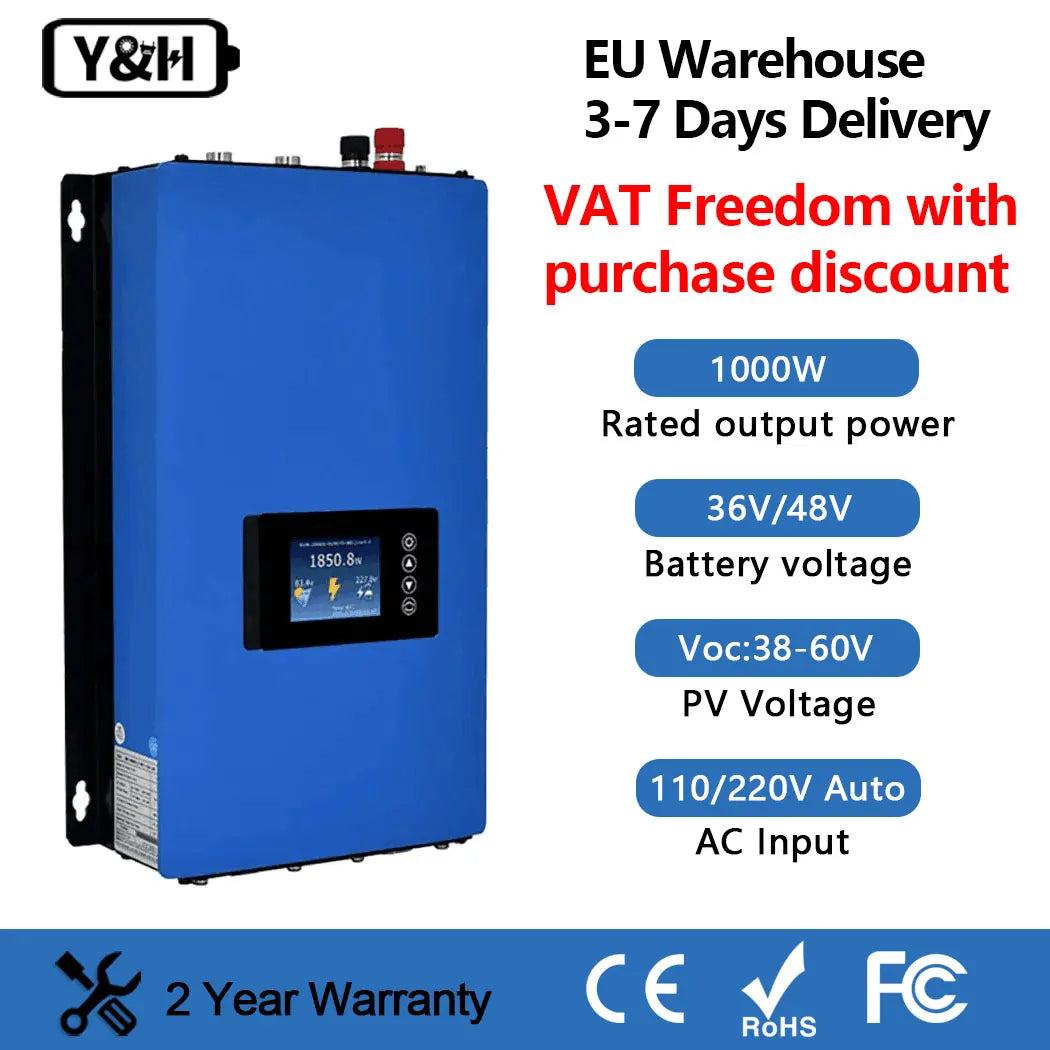 Y&H 1000W Solar Inverter With limiter 36V 48V Battery Discharge Sensor MPPT PV Output 22-65VDC 110V/220VAC Auto Pure Sine Wave