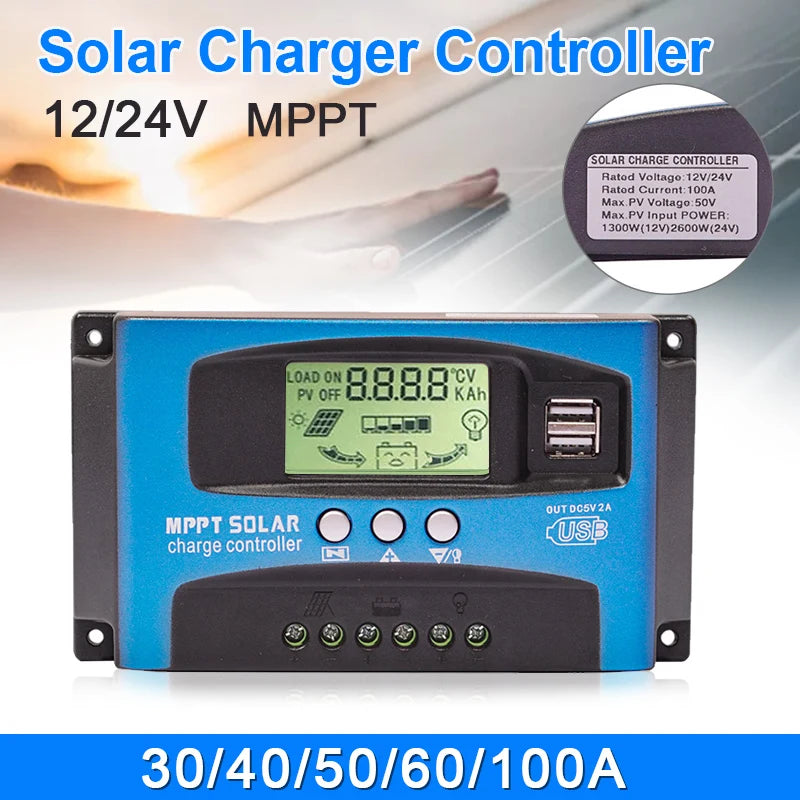 MPPT Solar Charge Controller 30A 40A 50A 60A 100A Solar Controller Solar Panel Battery Regulator Dual USB 5V LCD Display