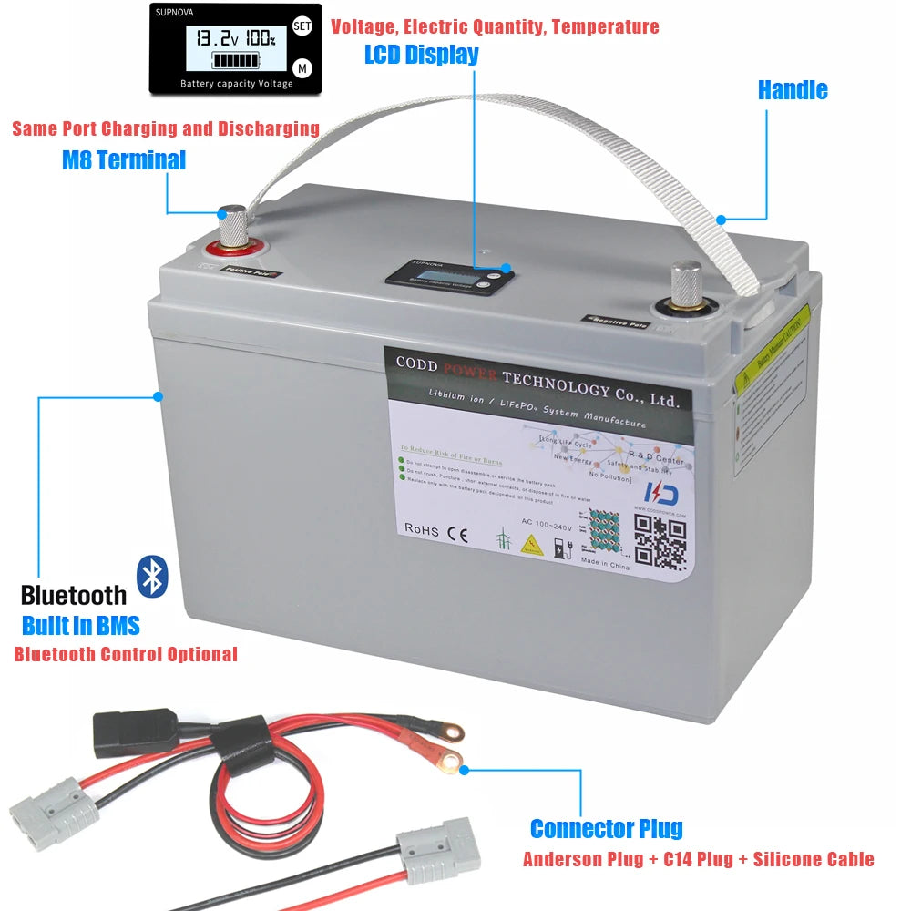 12V 12.8V 200AH LiFePO4 Battery With Bluetooth 100A BMS 14.6V 10A Charger lifepo4 battery 12v