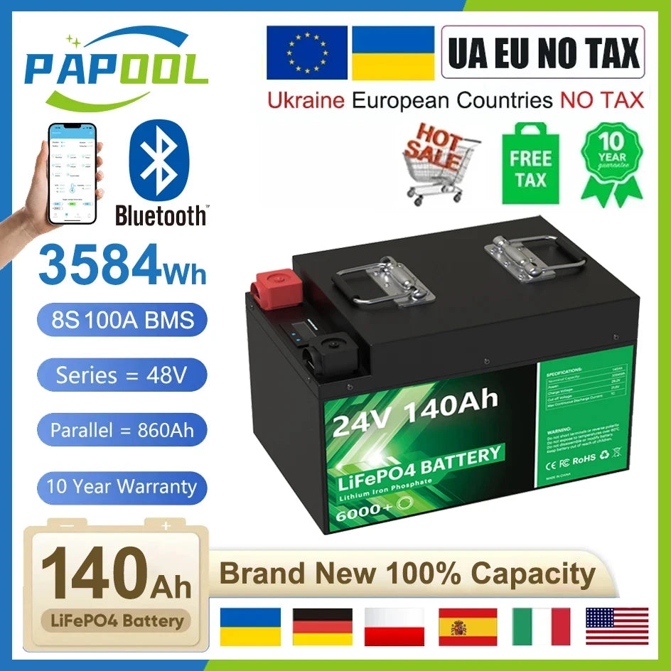 LiFePO4 Battery 24V 140Ah 3584Wh Bluetooth 6000+ Cycles 8S BMS 100Ah 200Ah 240Ah 300Ah 12V lithium Pack For Home Solar UA NO TAX