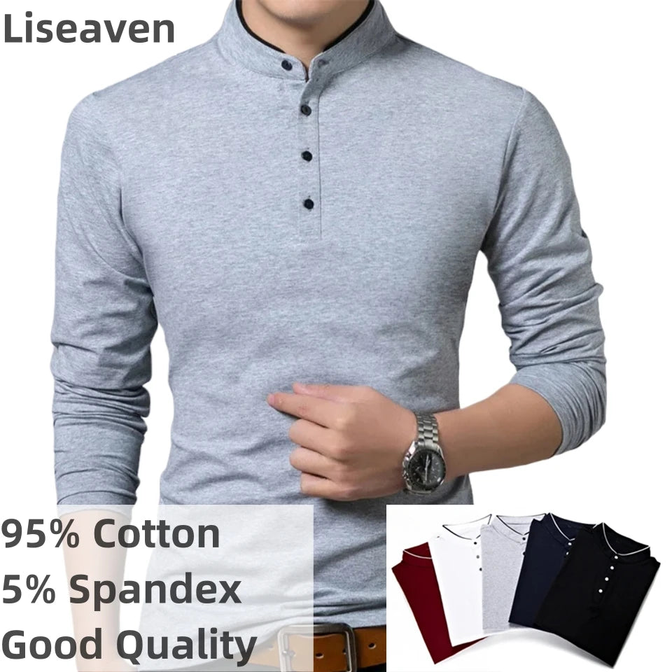 Liseaven T-Shirt Men Cotton T Shirt Full Sleeve tshirt Men Solid Color T-shirts tops&tees Mandarin Collar Long Shirt