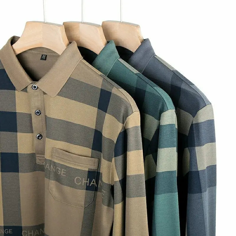 Fashion Men Striped Plaid Vintage Polo Shirts Spring Autumn Long Sleeve Business Male Clothes Basic Pockets Casual Loose Tops