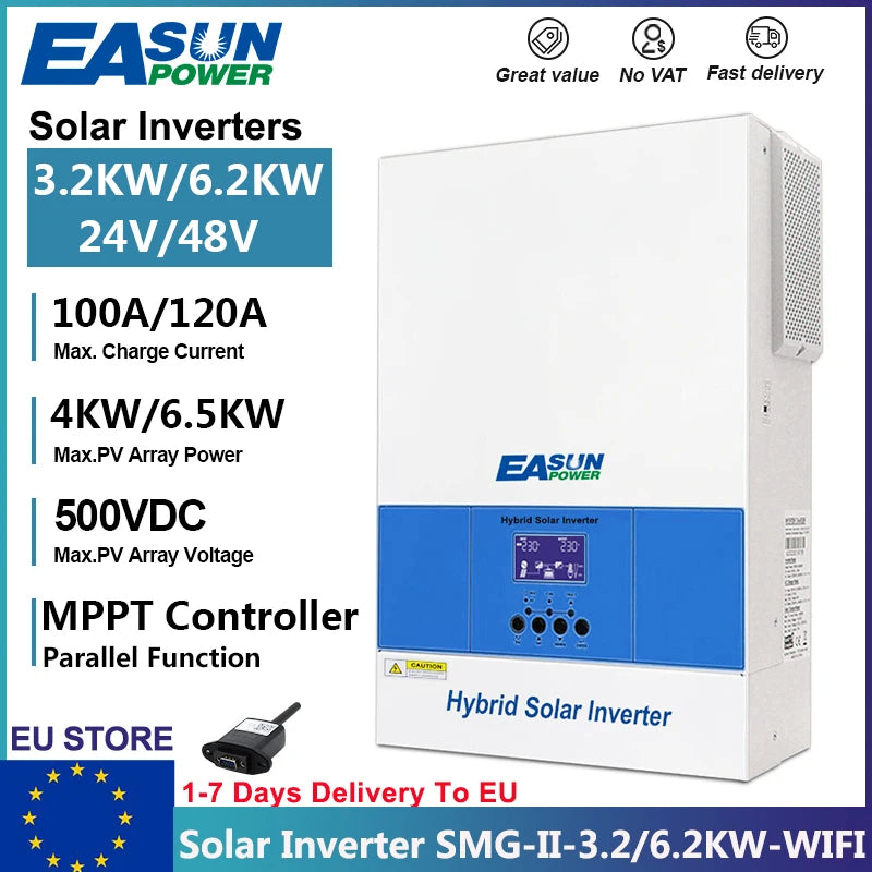 EASUN Hybrid Solar Inverter 6200W 3200W Pure Sine Inverter 120A MPPT Solar Charge Controller 48/24V 230V PV Input 500V With WIFI