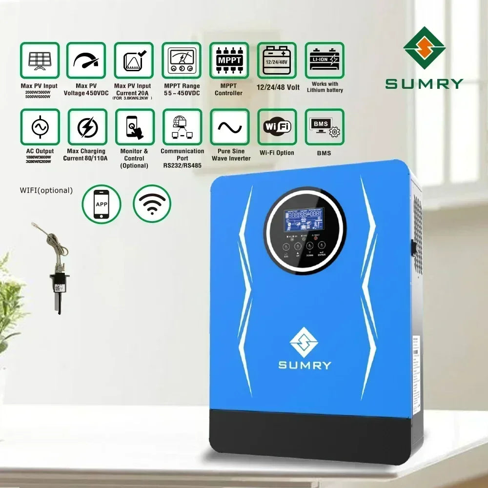 SUMRY Hybrid Inverter 3kw 3.8kw 6.2kw 24v 48V AC220-240V Solar Inverter MPPT Pure Sine Wave Inverter