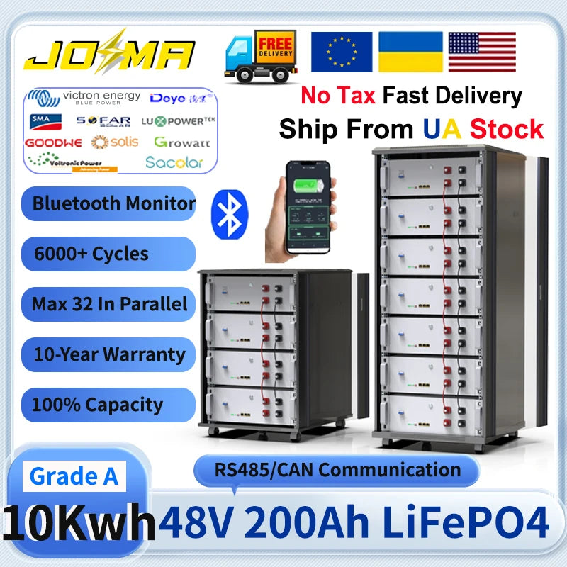 48V 200Ah LiFePO4 Battery 10Kw 6000+ Cycles Bluetooth 51.2V 100Ah 120Ah 150Ah 230Ah 300Ah Solar Lithium CAN/RS485 EU UKR NO TAX