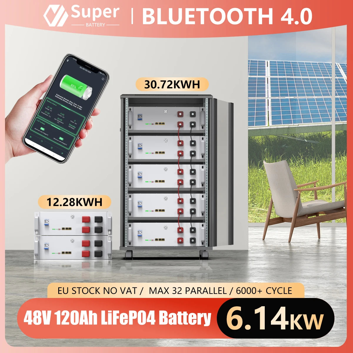 LiFePO4 48V 120Ah Battery Pack 6144Wh 6000+ Cycle 16S 51.2V BMS 100Ah 150Ah 200Ah 300Ah RS485 CAN BUS PC Monitor EU STOCK NO TAX