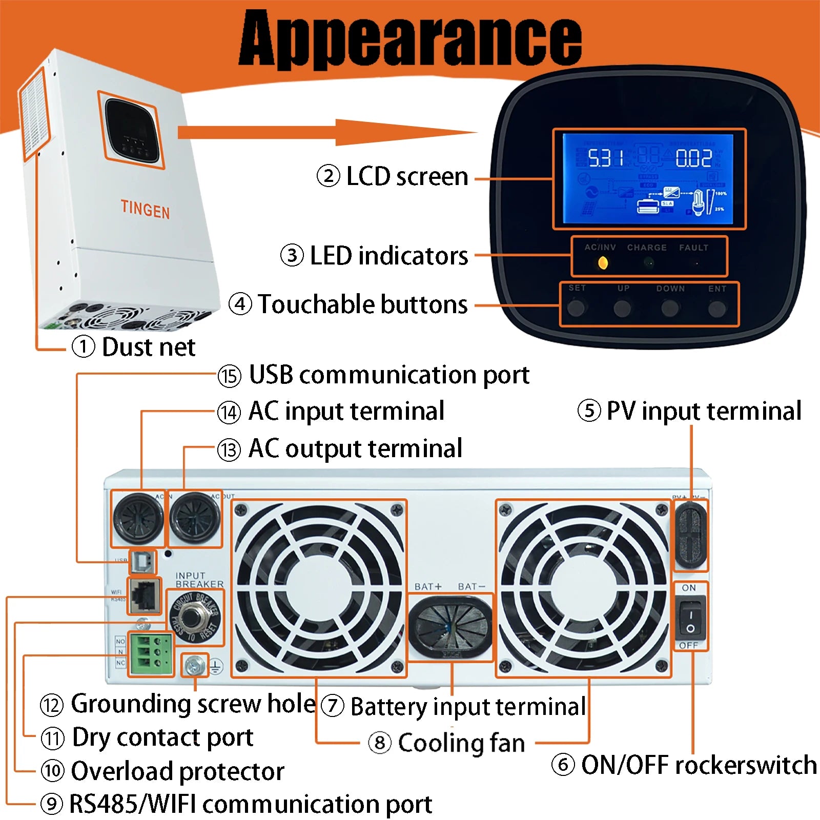 3000W Hybrid Inverter 24V Battery Voltage Output 110V/230V Built in 60A MPPT Solar Charge Controller Max Solar Panel Input 500V