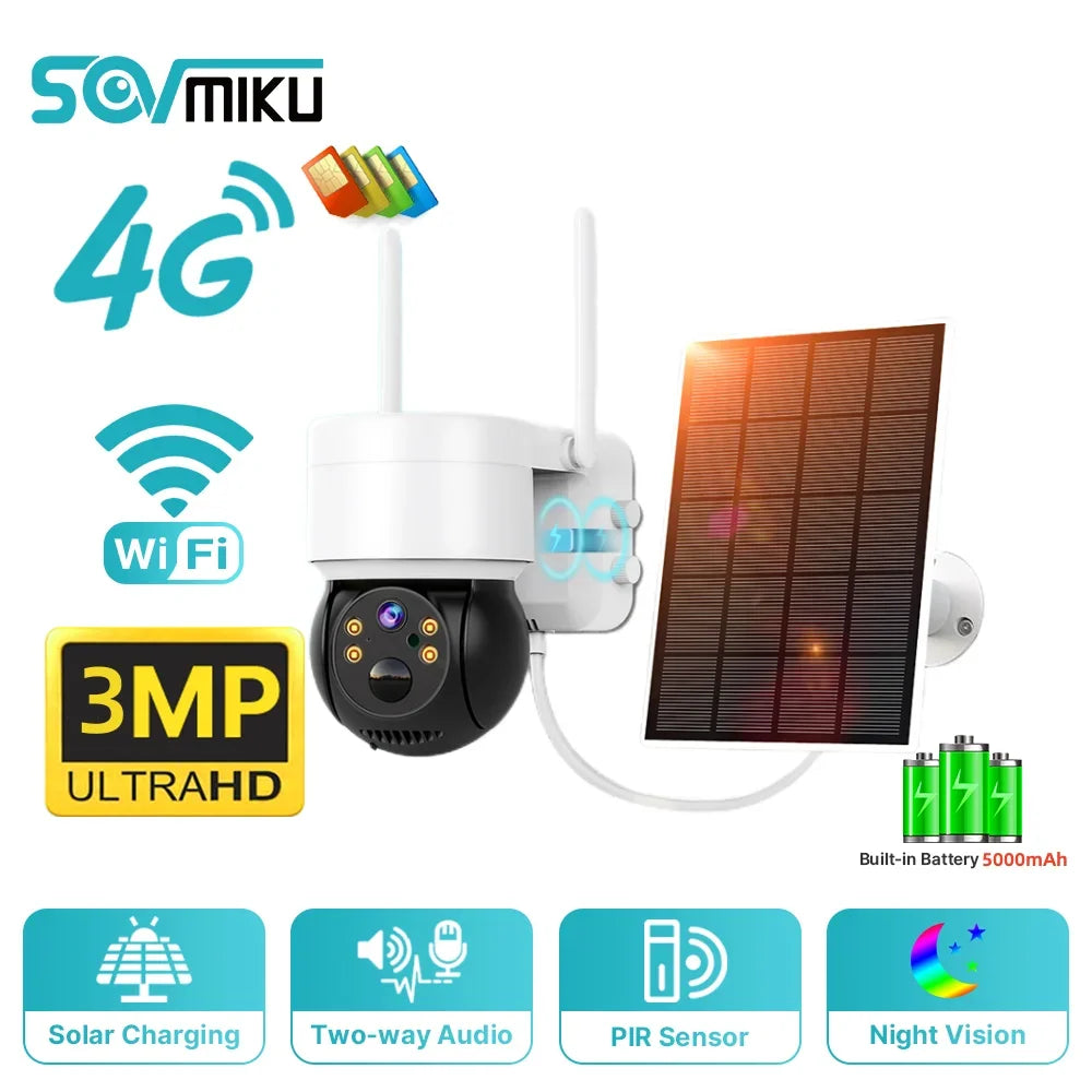 3MP WIFI Solar PTZ Camera 4G SIM Outdoor Solar Panel Night Vision Two Way Audio Security Protection CCTV Camera Battery Camera