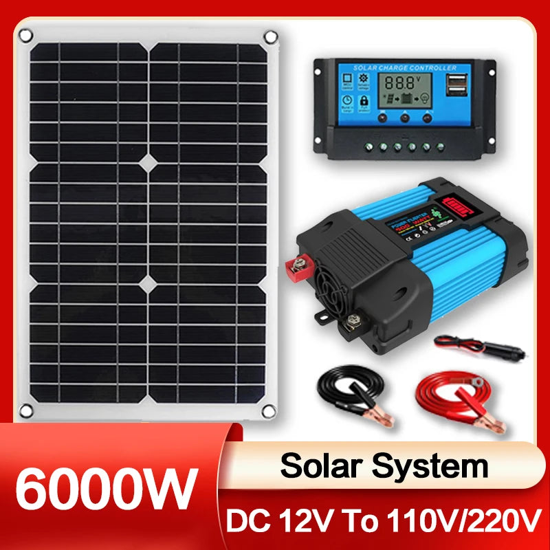 110V/220V 6000W Inverter Solar Power Generation System Solar Panel 12V 30A Controller Complete Power Generation Kit Charger