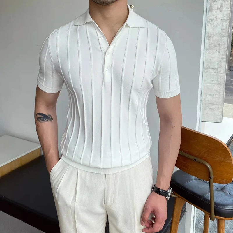 2024 Spring Summer Knit Polo Shirt Men Casual Turn-down Collar Button-up Fashion Striped Solid Slim Tops Ice Silk Fabric T-shirt