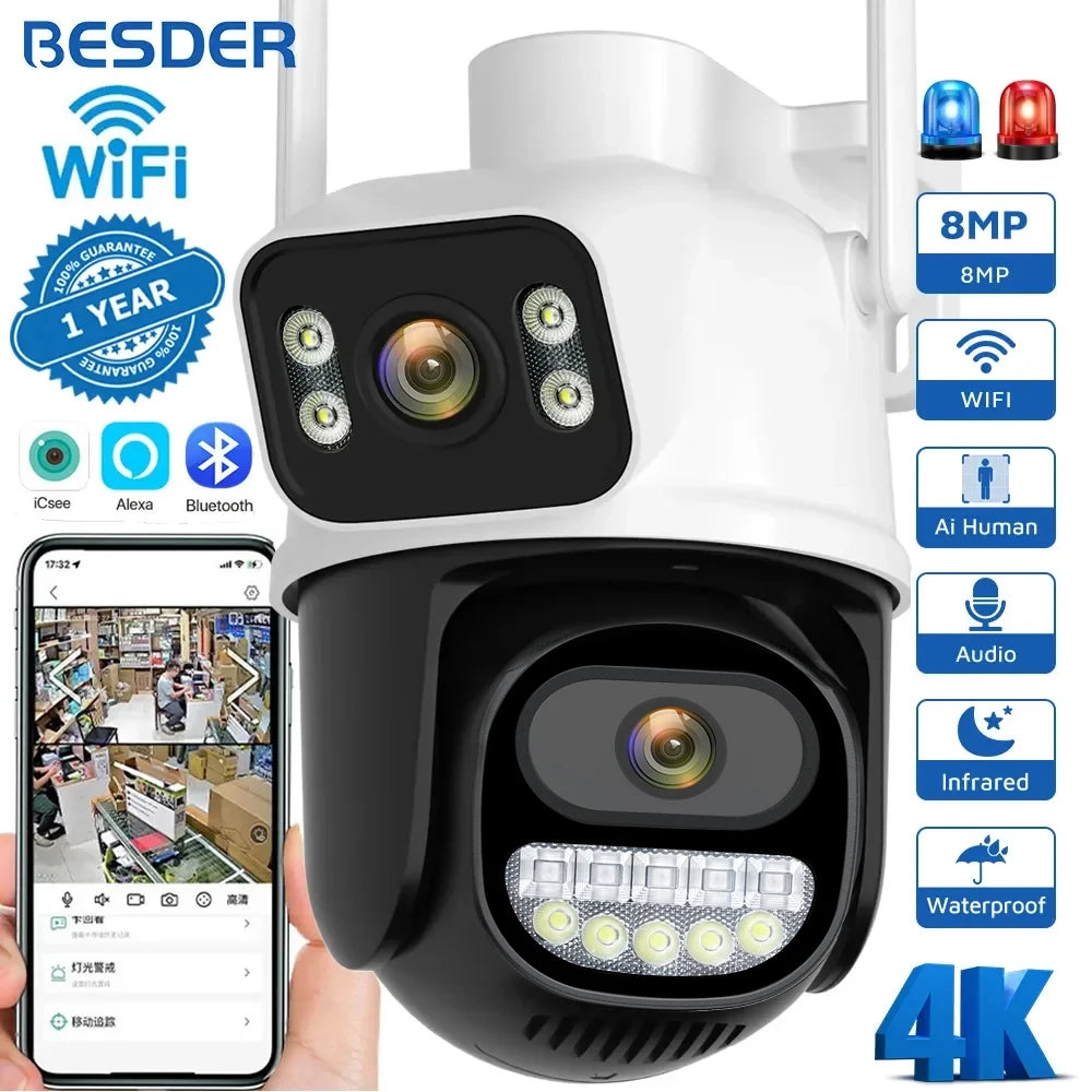 BESDER 8MP PTZ Wifi Camera Outdoor Night Vision Dual Screen Human Detection 4MP Security Protection CCTV Surveillance IP Camera