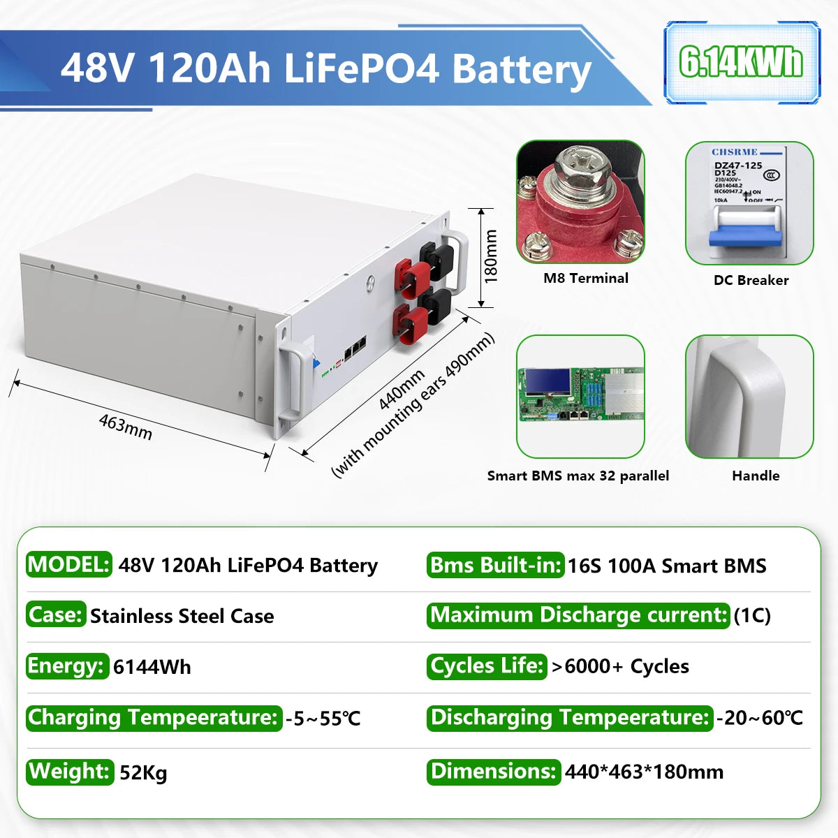 LiFePO4 48V 120Ah Battery Pack 6144Wh 6000+ Cycle 16S 51.2V BMS 100Ah 150Ah 200Ah 300Ah RS485 CAN BUS PC Monitor EU STOCK NO TAX