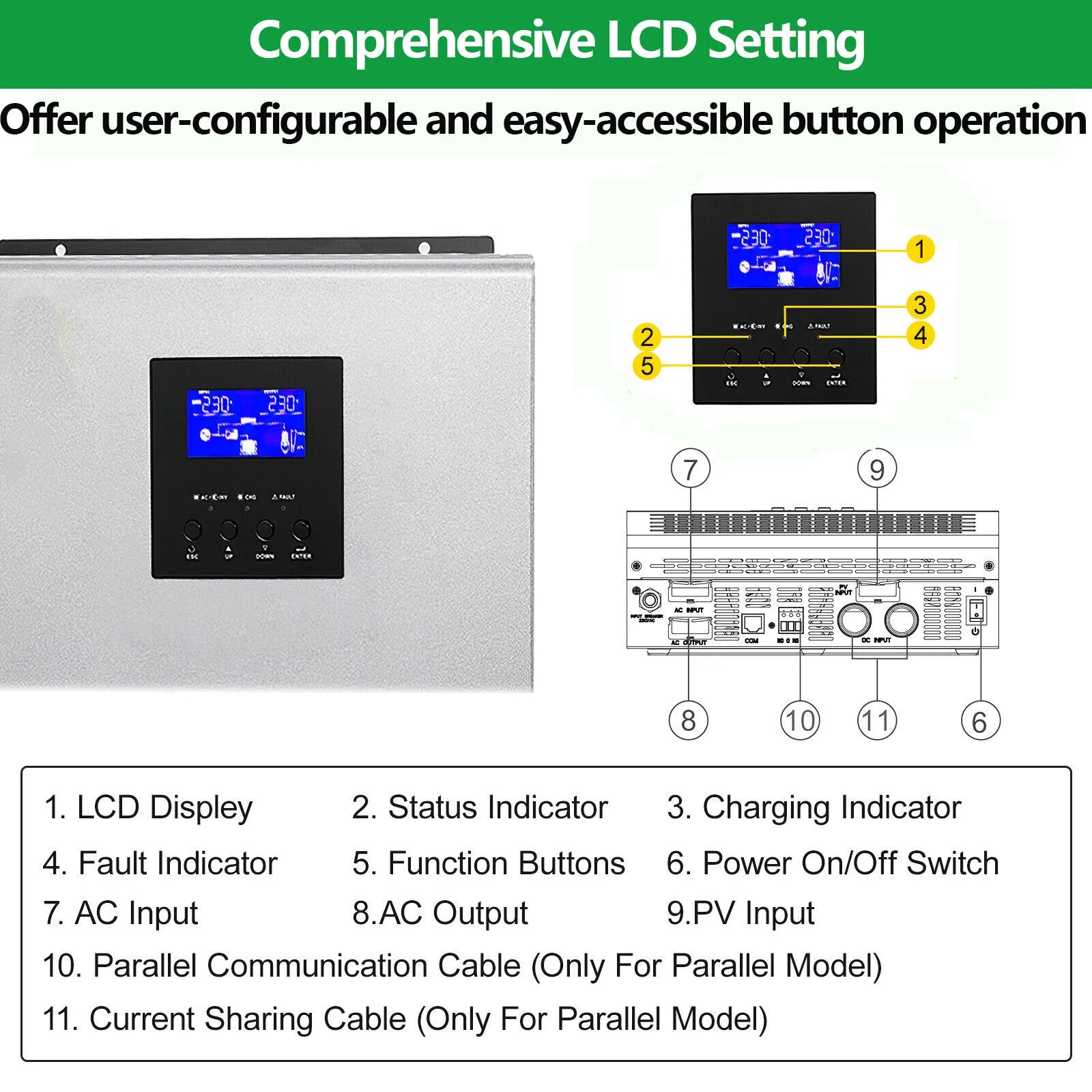 3KVA 2400W Hybrid Inverter Battery Voltage DC 24V 50A Solar Charge Controller AC 220V or 230V