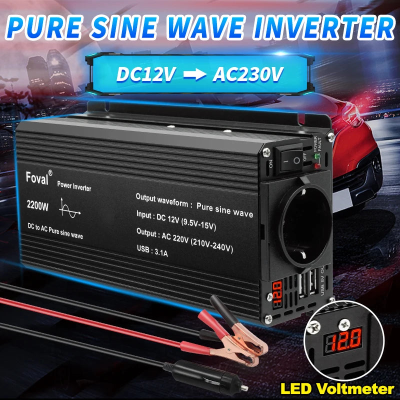 Pure Sine Wave Inverter DC 12v To AC 220V 1500/2200/2600/3000W Portable Power Bank Converter Solar Inverter Universal EU Socket