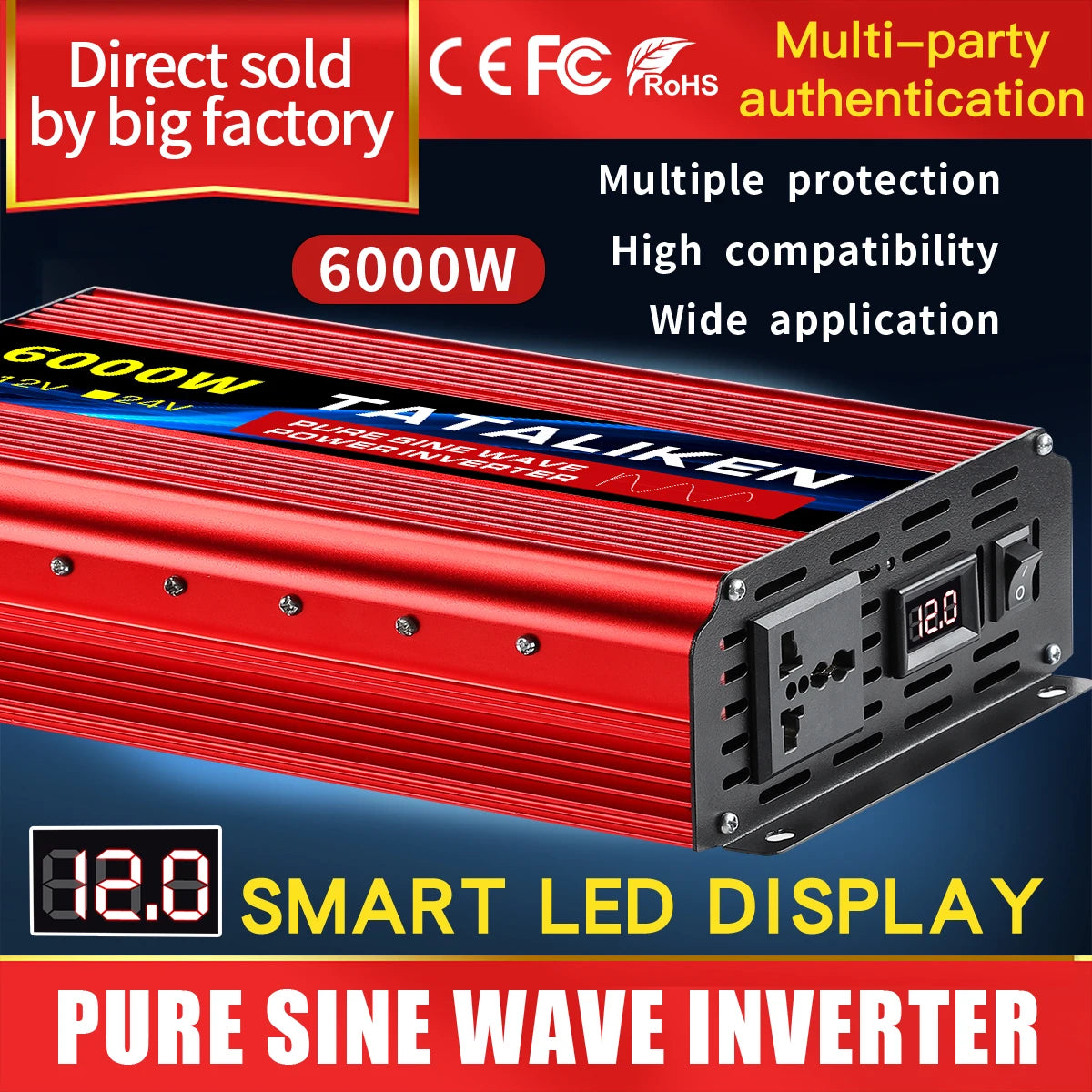 Inverter Pure Sine Wave DC12V/24V To AC 220V Voltage 7000W/8000W 50/60HZ Power Converter Solar Car Transformer With LED Display