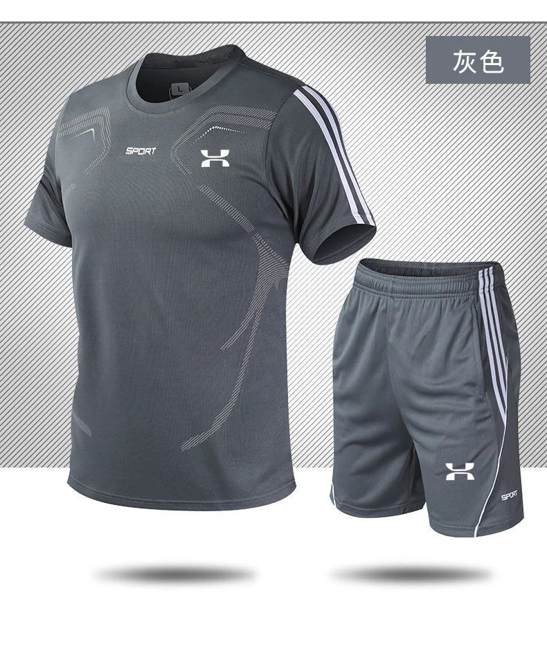 2024 Summer New Comfortable Sports Set Men's Running and Fitness Set Short sleeved Quick Drying Two Piece Set Large Set