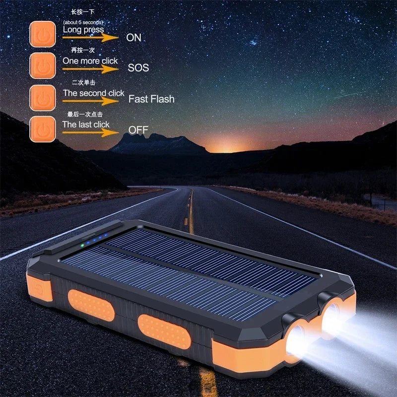 200Ah Large Capacity Outdoor Power Bank Fast Charging External Battery 2USB Solar Power Bank Flashlight for iPhone Xiaomi Huawei