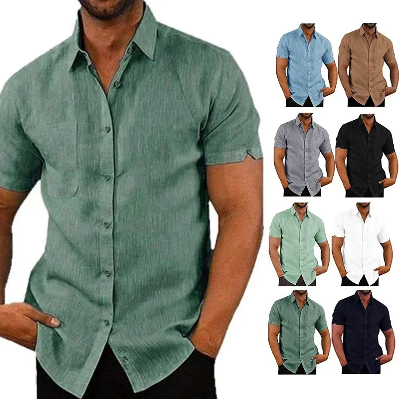 Summer Cotton Linen Shirts for Men Casual Short Sleeved Shirts Blouses Solid Turn-Down Collar Formal Beach Shirts Male Clothing