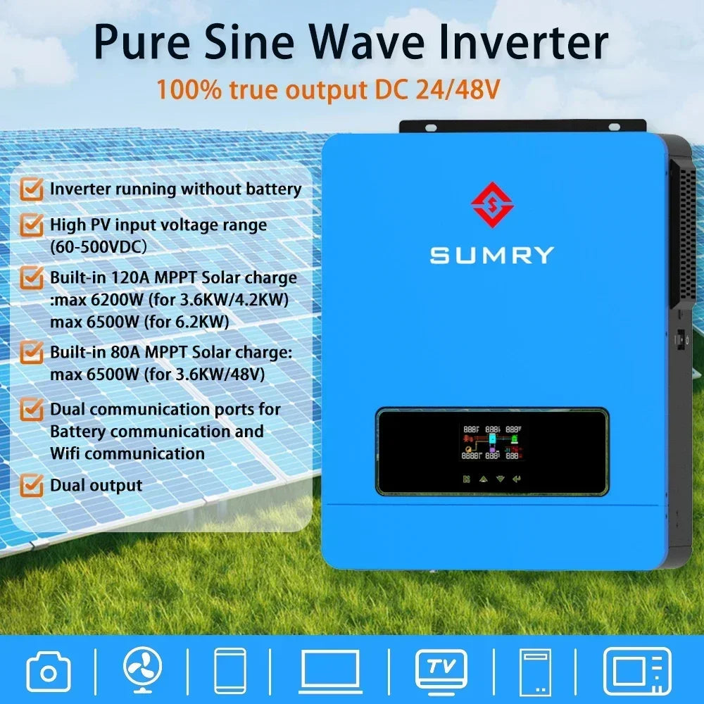 SUMRY 6.2KW 4.2KW Hybrid Solar Inverter On off Grid Pure Sine Wave Inverter 24V 48V 230V Dual Output MPPT 120A Solar Charger