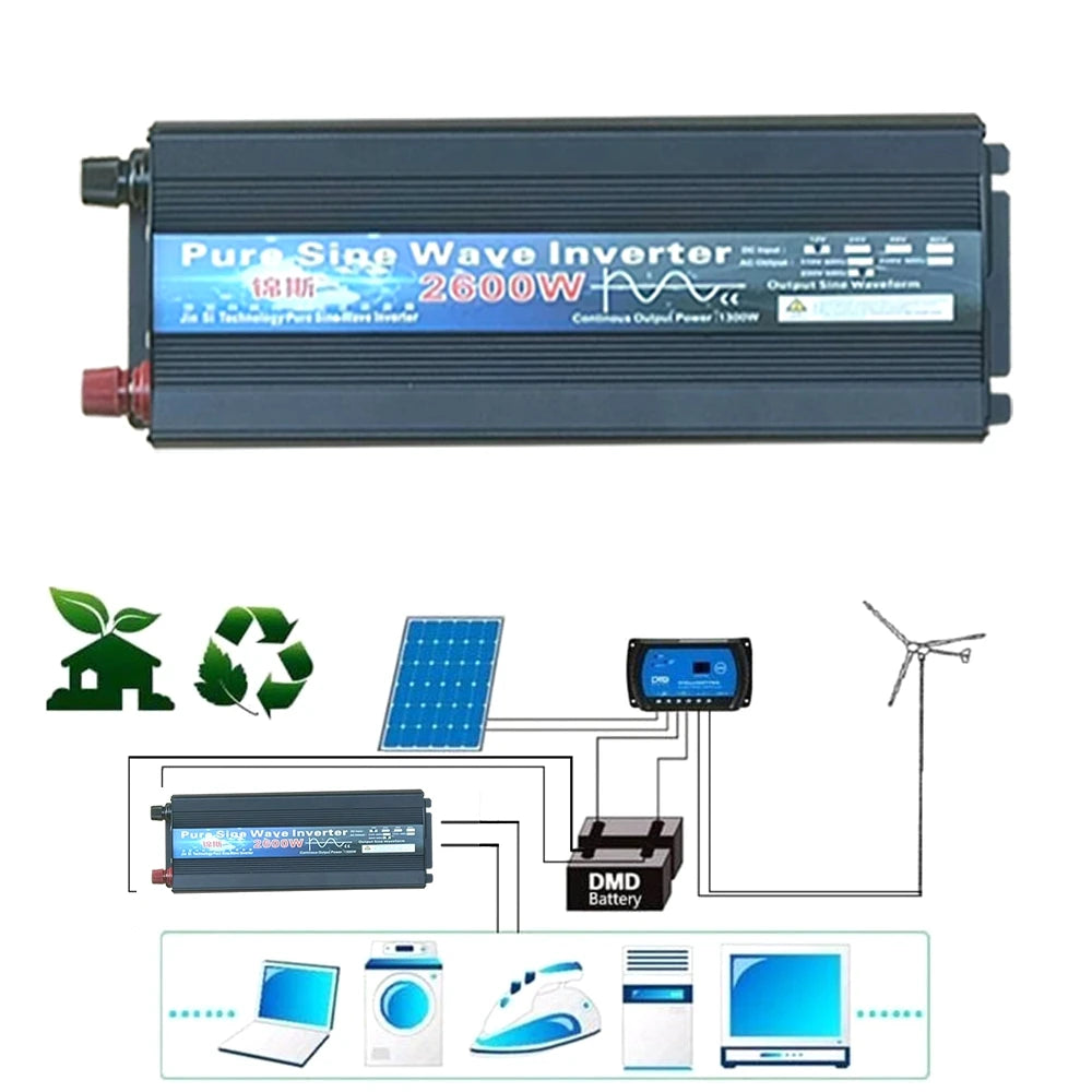 Pure Sine Wave Inverter 1000W 1600W 2000W DC 12V / 24V AC 110V 220V 50Hz 60Hz Power Inverter Home Car Converter Solar Energy