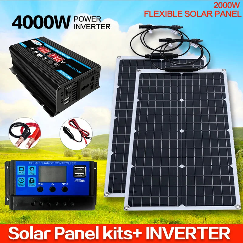 2000W Solar Energy System 110V/220V 4000W Solar Panel Inverter Glass 12V Battery Charging Controller For Home/Outdoor Use