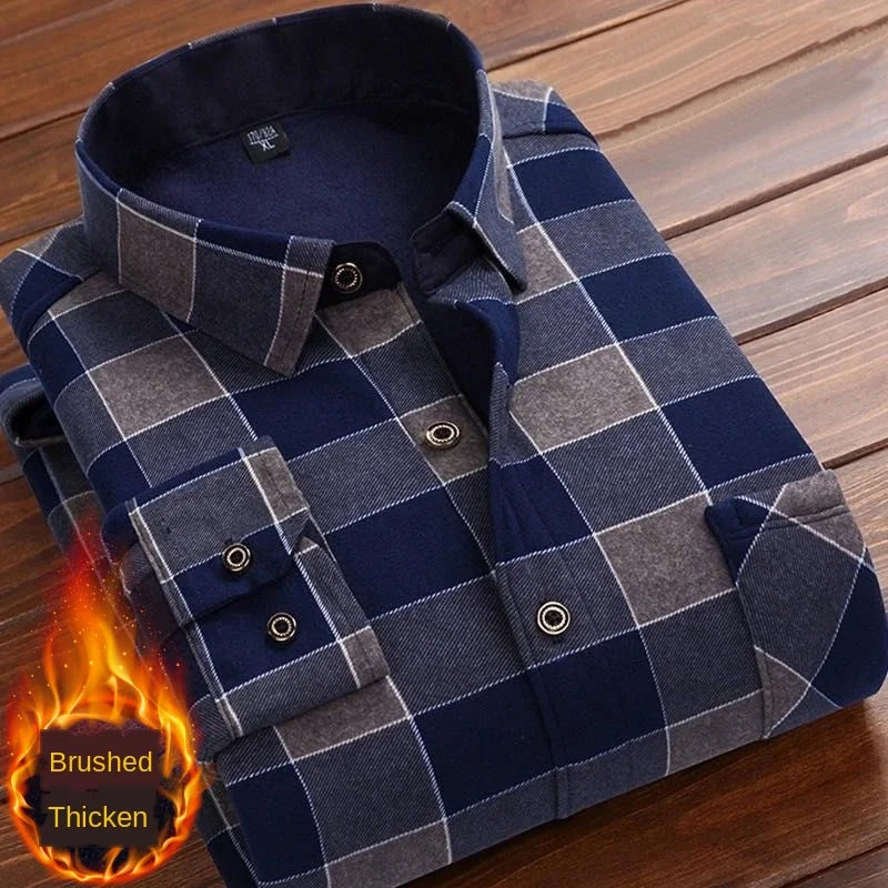 Formal Shirt For Men 2020 Long Sleeve Fleece Warm Plaid Oversized Plaid Collar Shirt Winter Velvet Clothing warm Plaid shirt 4XL