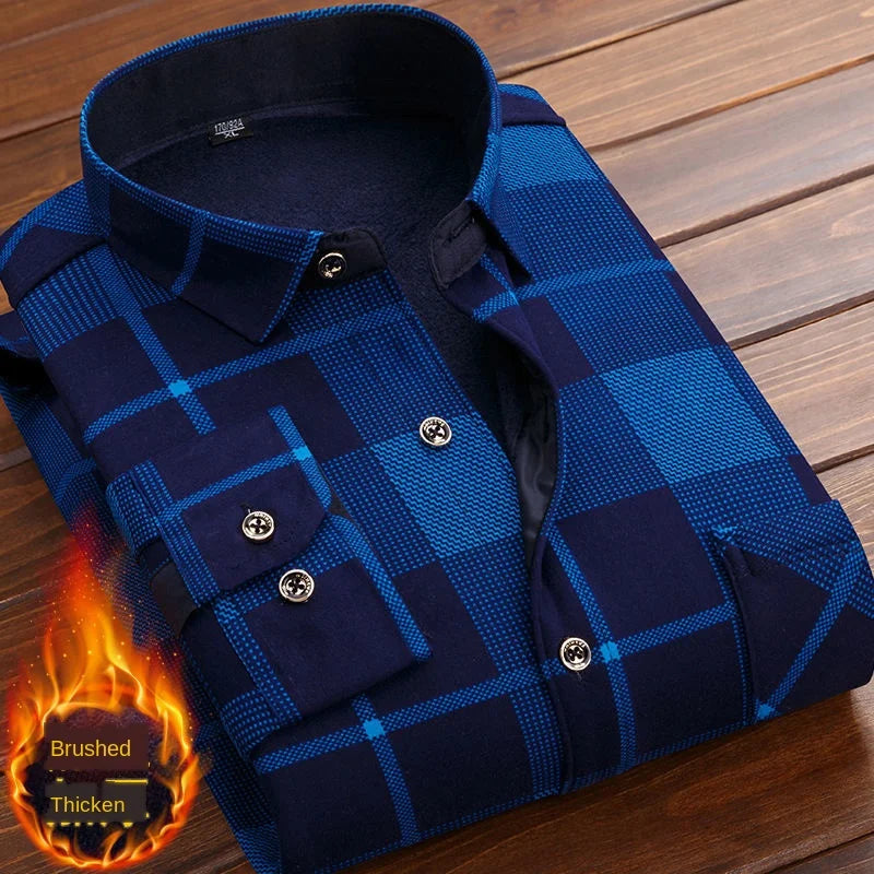 Formal Shirt For Men 2020 Long Sleeve Fleece Warm Plaid Oversized Plaid Collar Shirt Winter Velvet Clothing warm Plaid shirt 4XL