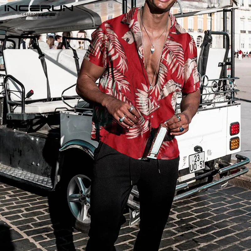 Summer Hawaiian Red Shirts Tropical Shirts Floral Men Tops Casual Shirt Short Sleeve Cotton Button Chemise Loose Vacation Beach