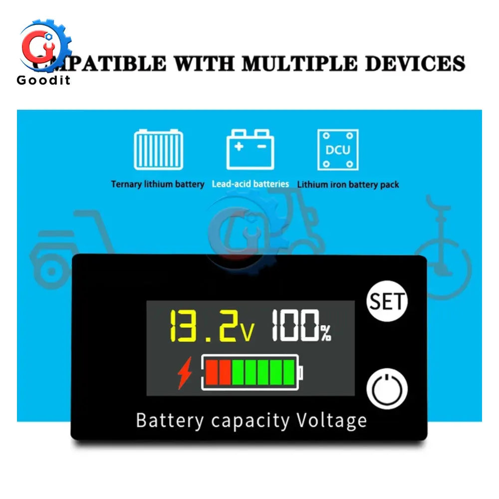 Battery Capacity Indicator DC 8V-100V Lead Acid Lithium LiFePO4 Car Motorcycle Voltmeter Voltage Gauge 12V 24V 48V 72V for Alam