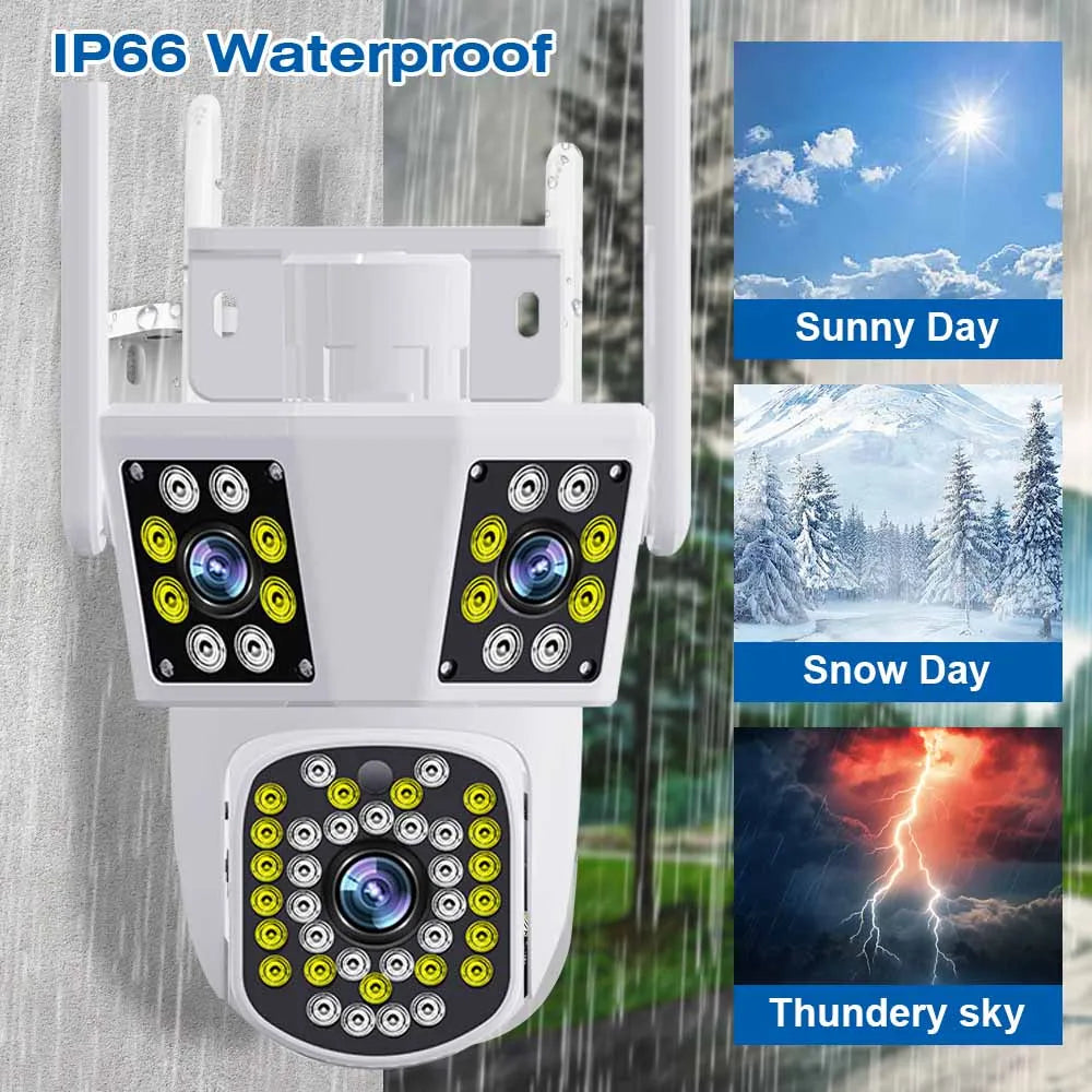 WIFI IP Camera 6K 12MP HD Three Lens PTZ Camera Outdoor Motion Detection Security Camera Waterproof Surveillance