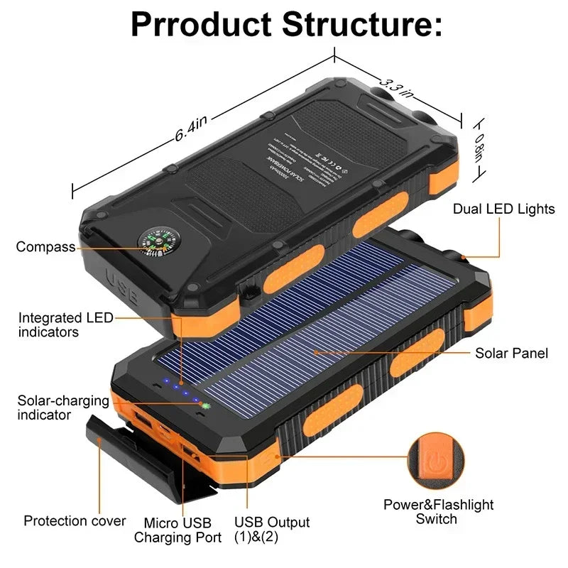 200Ah Large Capacity Outdoor Power Bank Fast Charging External Battery 2USB Solar Power Bank Flashlight for iPhone Xiaomi Huawei