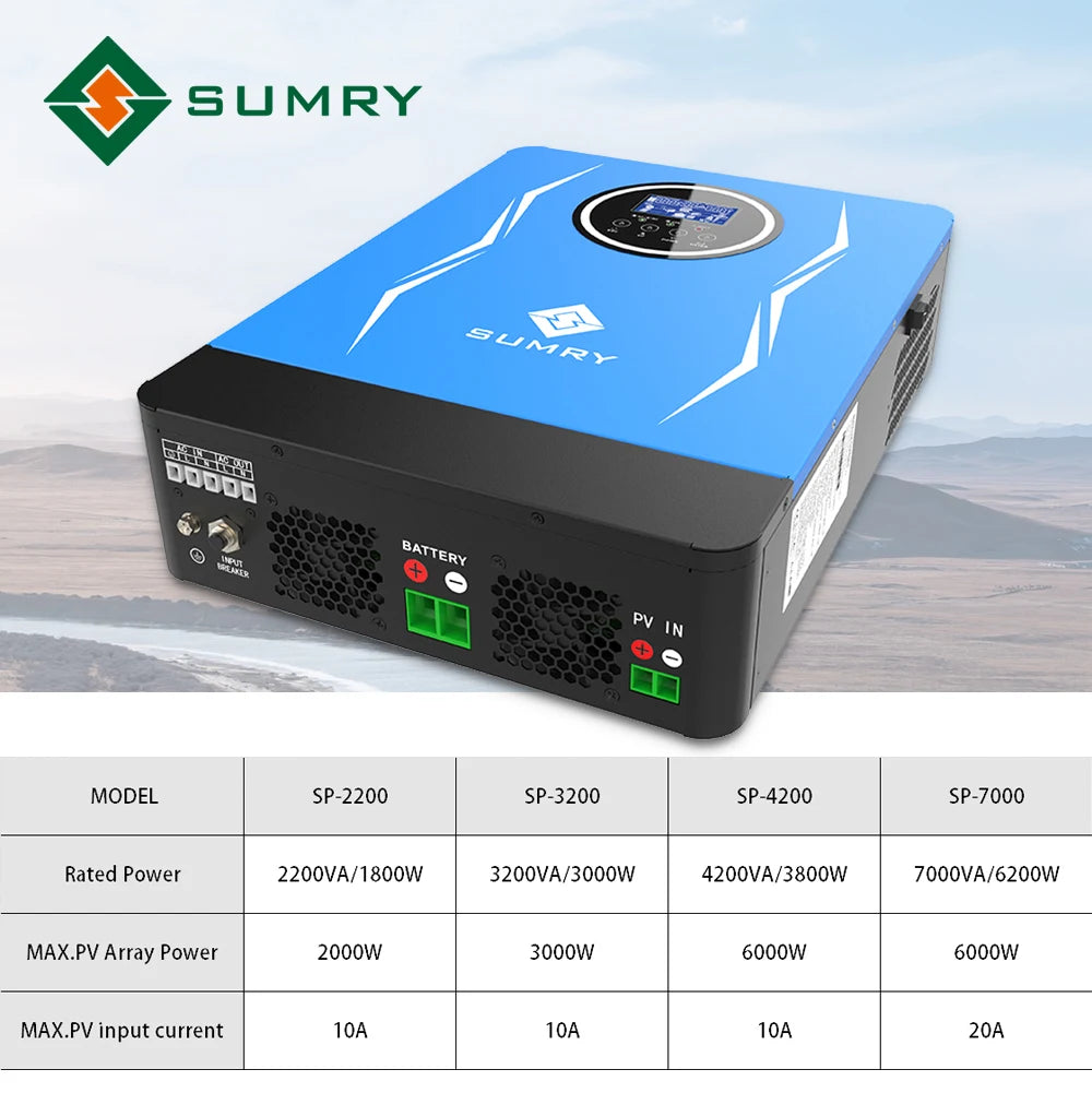 SUMRY SP 3kw 3.8kw 6.2kw Hybrid Solar inverter MPPT Pure Sine Wave 24VDC 48VDC to 220v 80A Solar power AC inverter