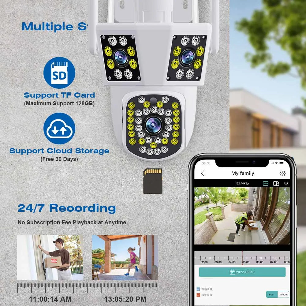 WIFI IP Camera 6K 12MP HD Three Lens PTZ Camera Outdoor Motion Detection Security Camera Waterproof Surveillance