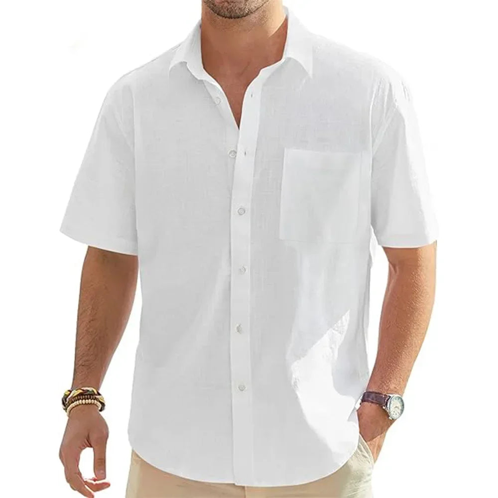 Men's Solid Color Cotton Linen Short Sleeve Shirts Vacation Beach Summer Tops with Pocket Casual Lightweight Button Shirts