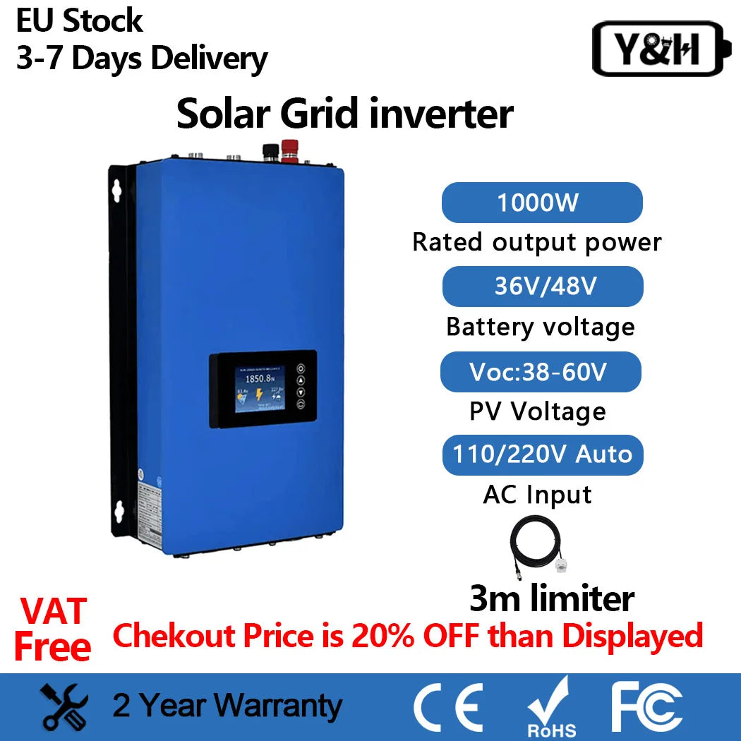 Y&H 1000W  MPPT Grid Tie Solar Inverter With Iimiter 36V 48V Battery Discharge Pure Sine Wave Output DC22-65V AC110/220V Auto