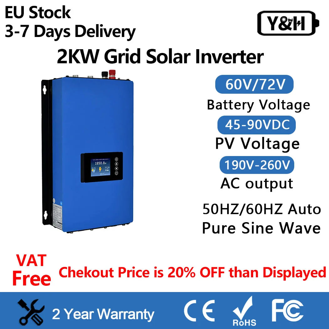 Y&H 2000W Grid Solar Inverter with Limiter MPPT MIcro Inversor Pure Sine Wave Output DC45-90V PV Input AC190-260V