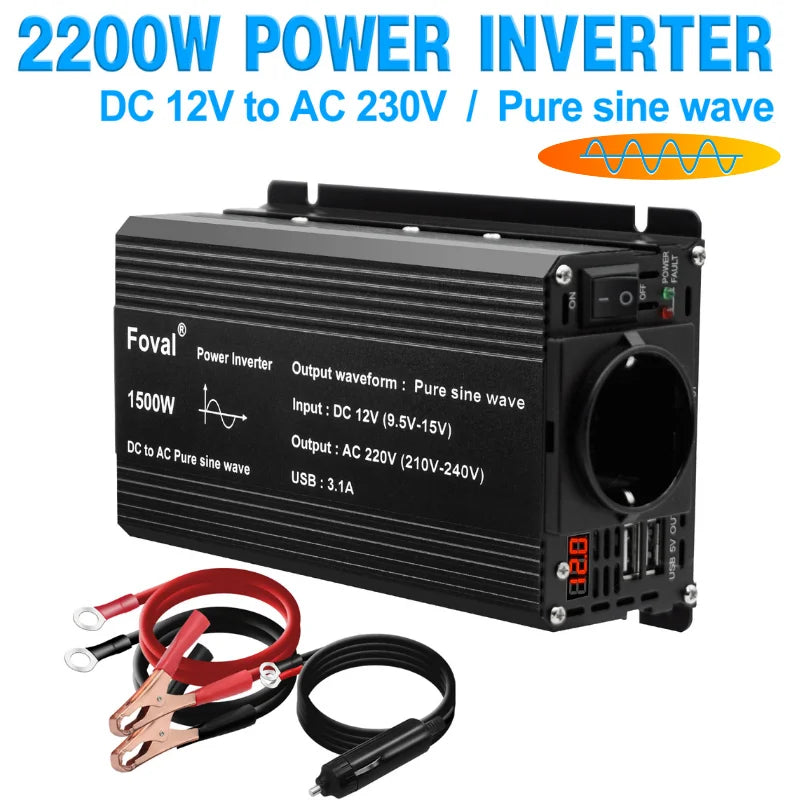 Pure Sine Wave Inverter DC 12v To AC 220V 1500/2200/2600/3000W Portable Power Bank Converter Solar Inverter Universal EU Socket