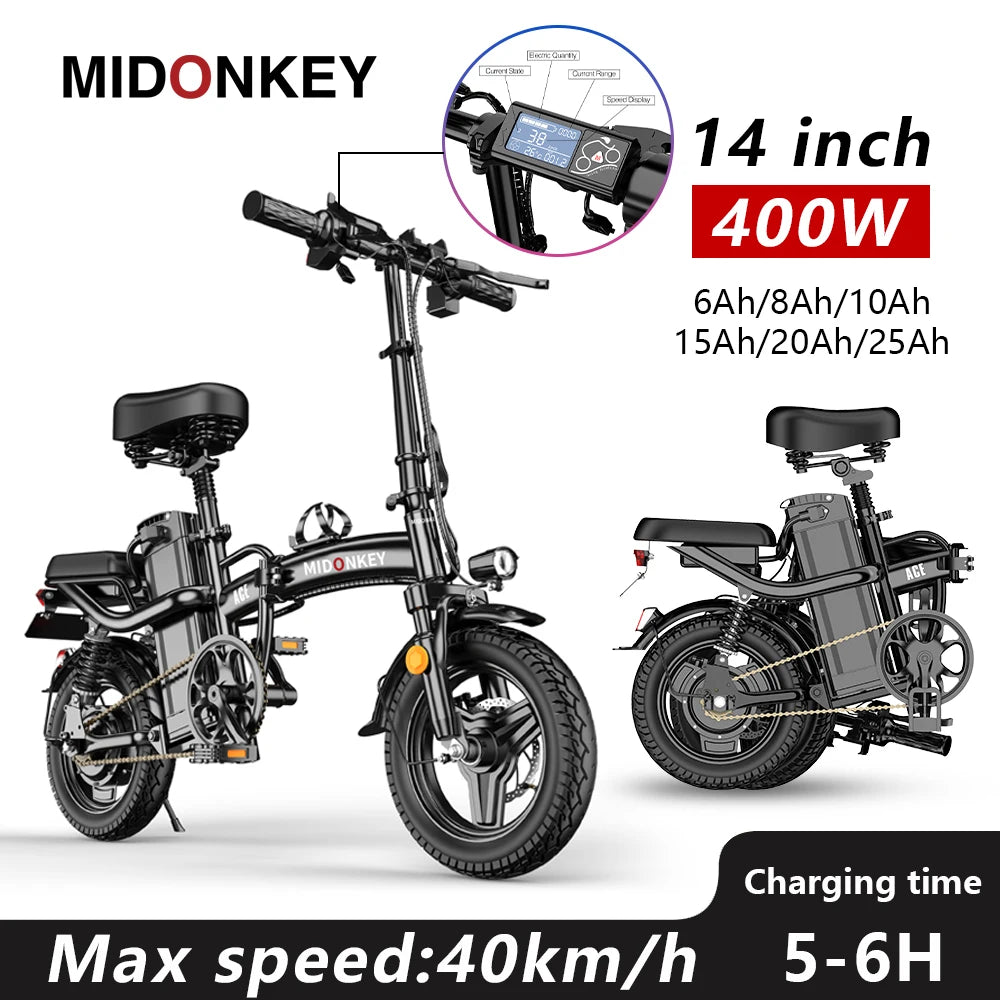 MIDONKEY ACE 14 inch Folding Electric Bicycle 48V 400W City Bicycle 48V 10Ah 25Ah Brushless Mini Foldable Electric Bike