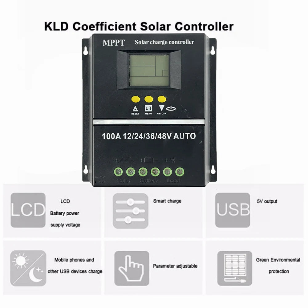 100A/80A/60A MPPT/PWM Solar Charge Controller 12V/24V/36V/48V Auto Controller Tools Solar PV Battery Charger with LCD & Dual USB