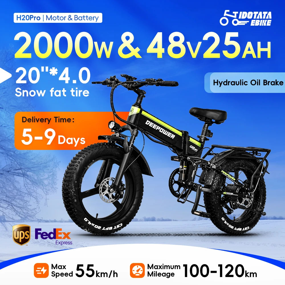 2000W 48V 25AH Electric Bike Folding Adult Mountain E Bike 20Inch Electric Bicycle Snow Electric Bicycle 4.0 Fat Tire E-bike