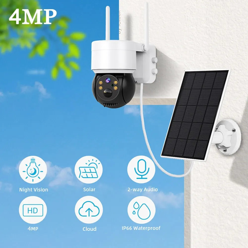 Solar Camera WIFI Outdoor 4MP HD Wireless Security CCTV Waterproof Night Vision PIR Human Detect PTZ Camera with Solar Panel