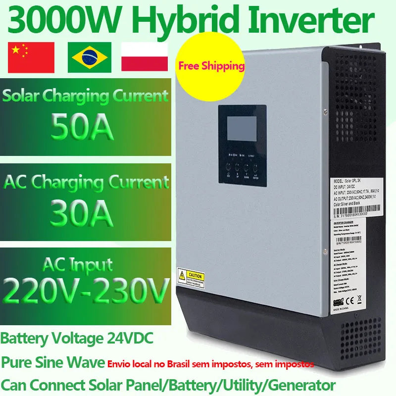 3KVA 2400W Hybrid Inverter Battery Voltage DC 24V 50A Solar Charge Controller AC 220V or 230V