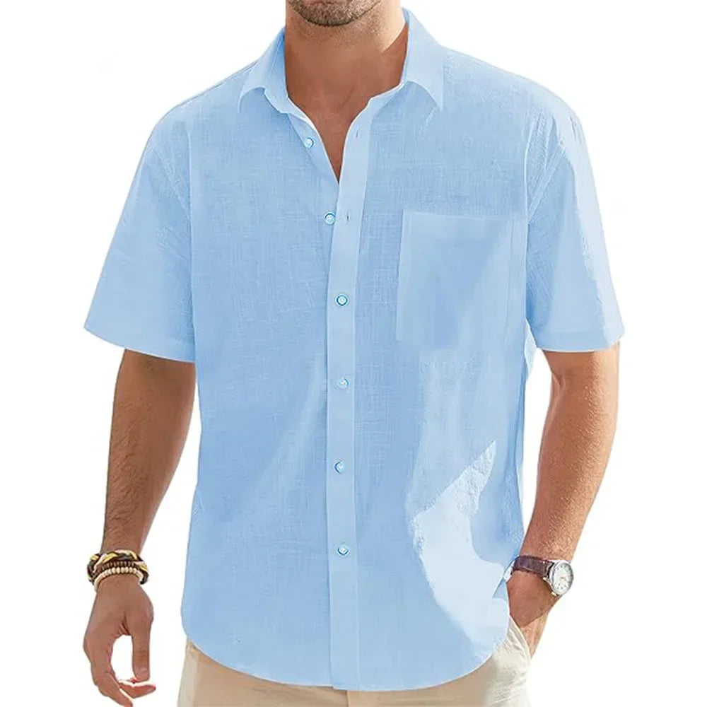 Men's Solid Color Cotton Linen Short Sleeve Shirts Vacation Beach Summer Tops with Pocket Casual Lightweight Button Shirts