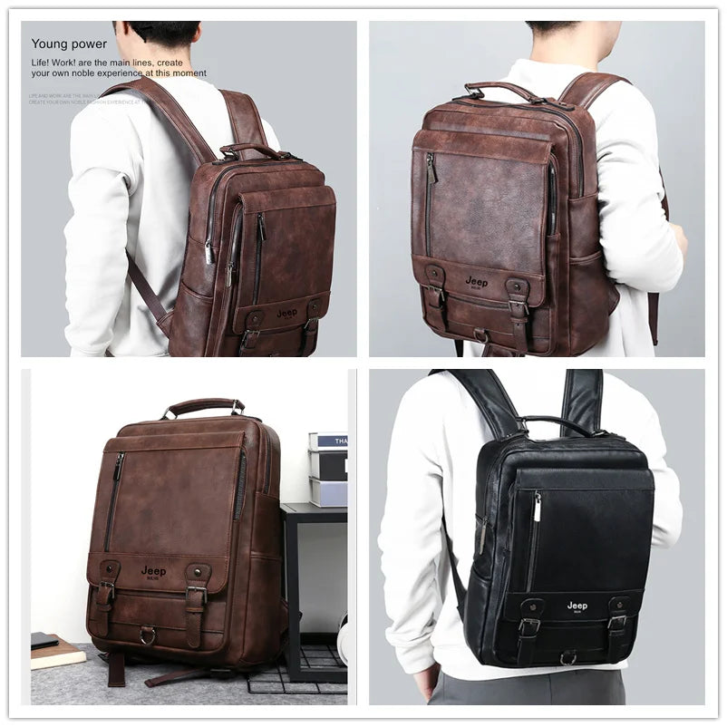 JEEP BULUO Fashion Leather Men Backpack Business Male 15.6" Laptop Bag Daypacks Large Capacity Travel College School Bag