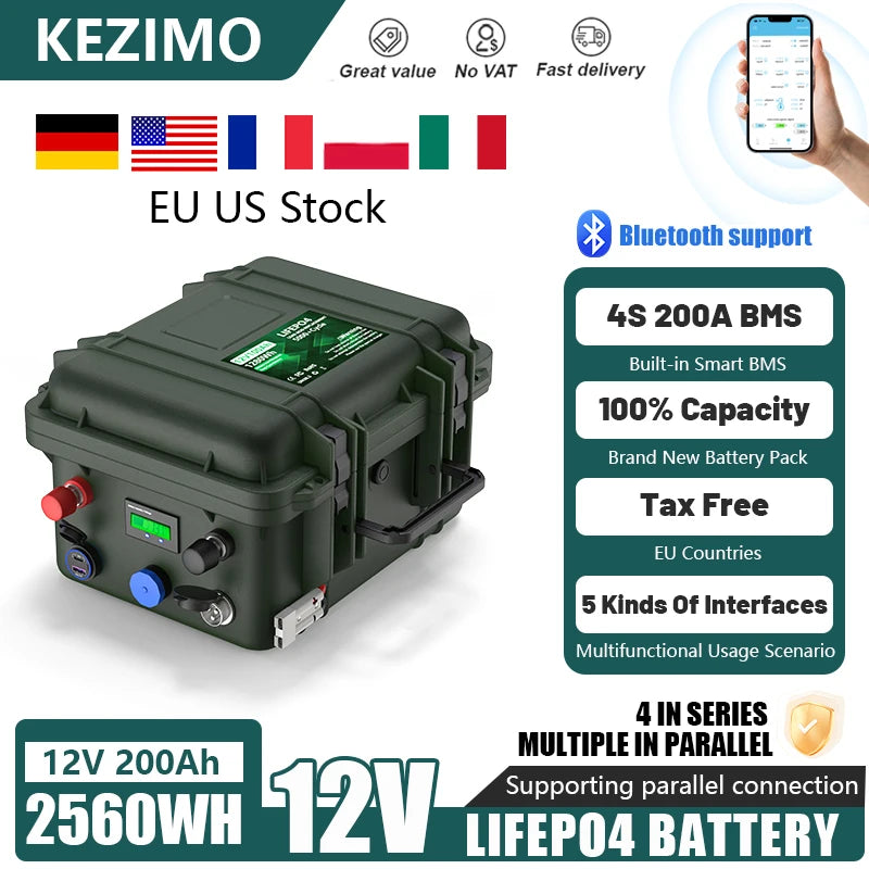 12V 200Ah 100Ah LiFePO4 Battery 2560WH 24V 150AH Bluetooth BMS Grade A Lithium Battery 6000+ Cycles IP56 USB QC Charge EU No Tax