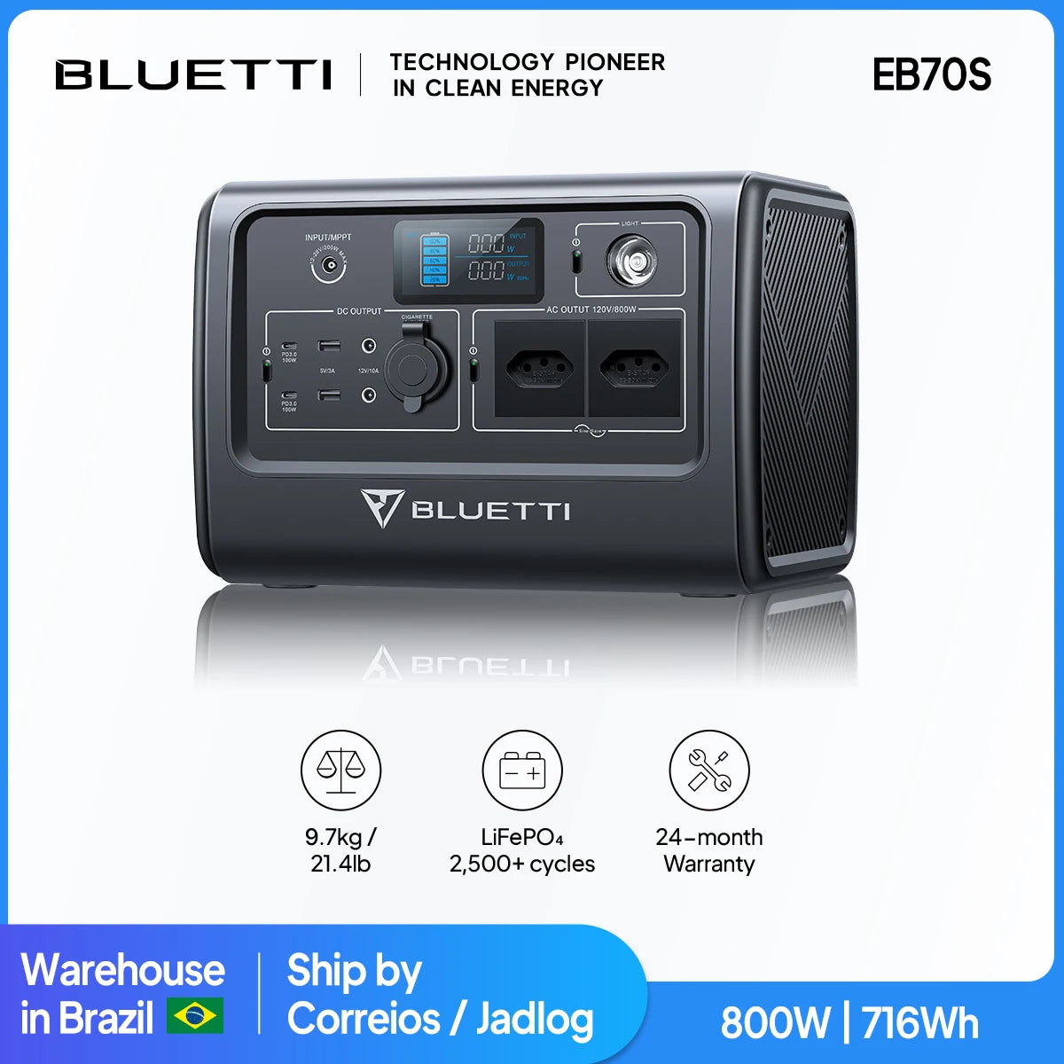 [Brazil Plug] BLUETTI EB70S Portable Power Station 800W 716Wh Solar Generator LiFePO4 Battery Backup For Camping Fishing Outdoor