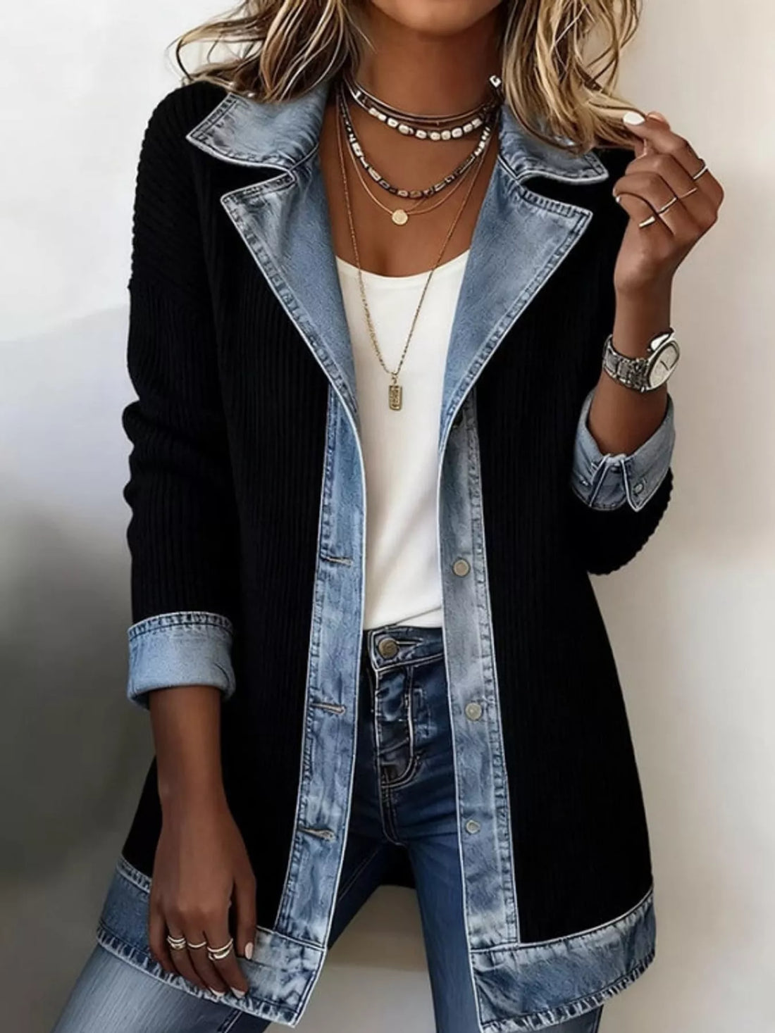 Denim-trim rib cardigan – black